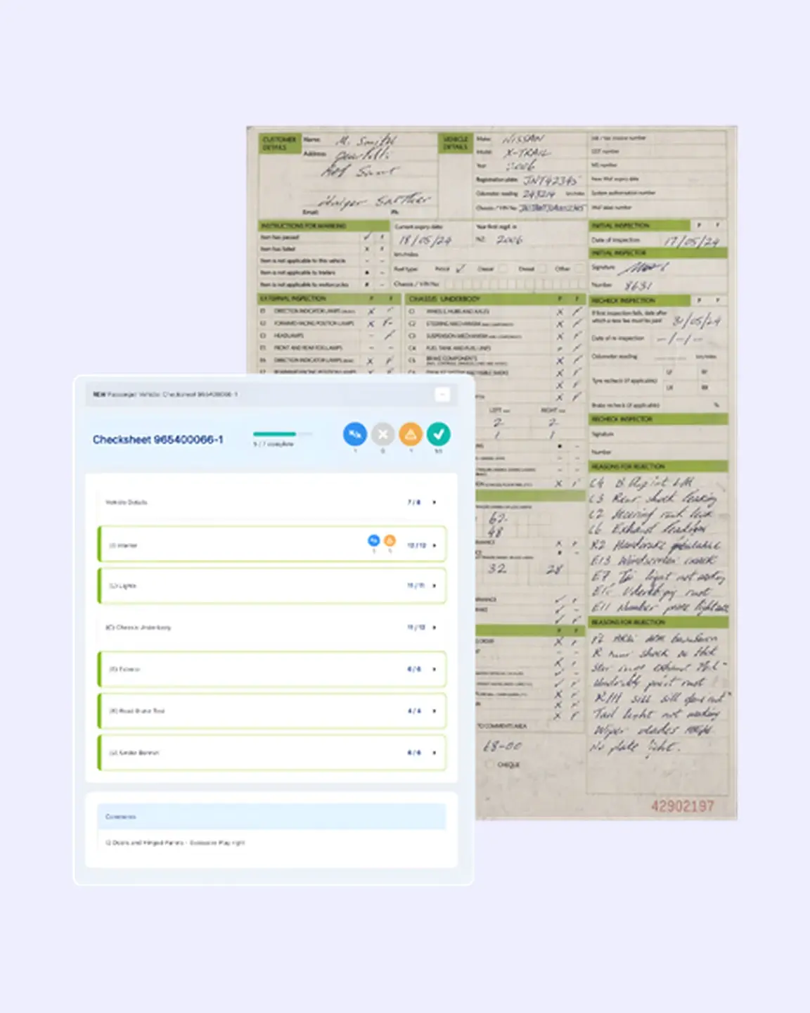 A handwritten paper WoF checksheet beside the same inspection in SmartCheck Pro's digital checksheet